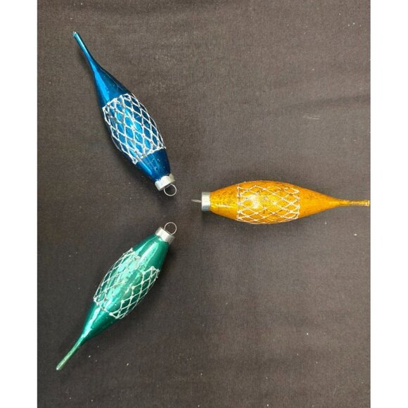 Vintage Mercury Glass Teardrop Icicle Stenciled Christmas Ornaments - Picture 2 of 10